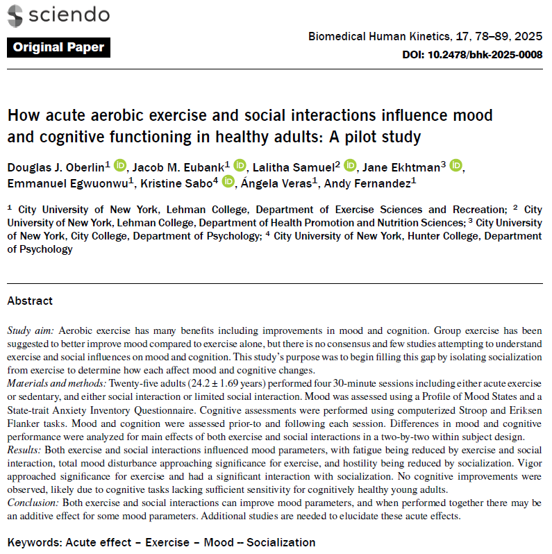 Jacob M. Eubank, Ed.D. (@drjacobmeubank) on Twitter photo Check out our recent study from <a href="/LehmanCollege/">Lehman College</a> <a href="/CUNY/">The City University of New York</a> about exercise, social interactions, and mood!
💡 Want a quick mood boost? Exercise with friends to give you extra energy and positivity.
sciendo.com/article/10.247…
#Exercise #MentalHealth #Wellness #SocialConnections Check out our recent study from <a href="/LehmanCollege/">Lehman College</a> <a href="/CUNY/">The City University of New York</a> about exercise, social interactions, and mood!
💡 Want a quick mood boost? Exercise with friends to give you extra energy and positivity.
sciendo.com/article/10.247…
#Exercise #MentalHealth #Wellness #SocialConnections