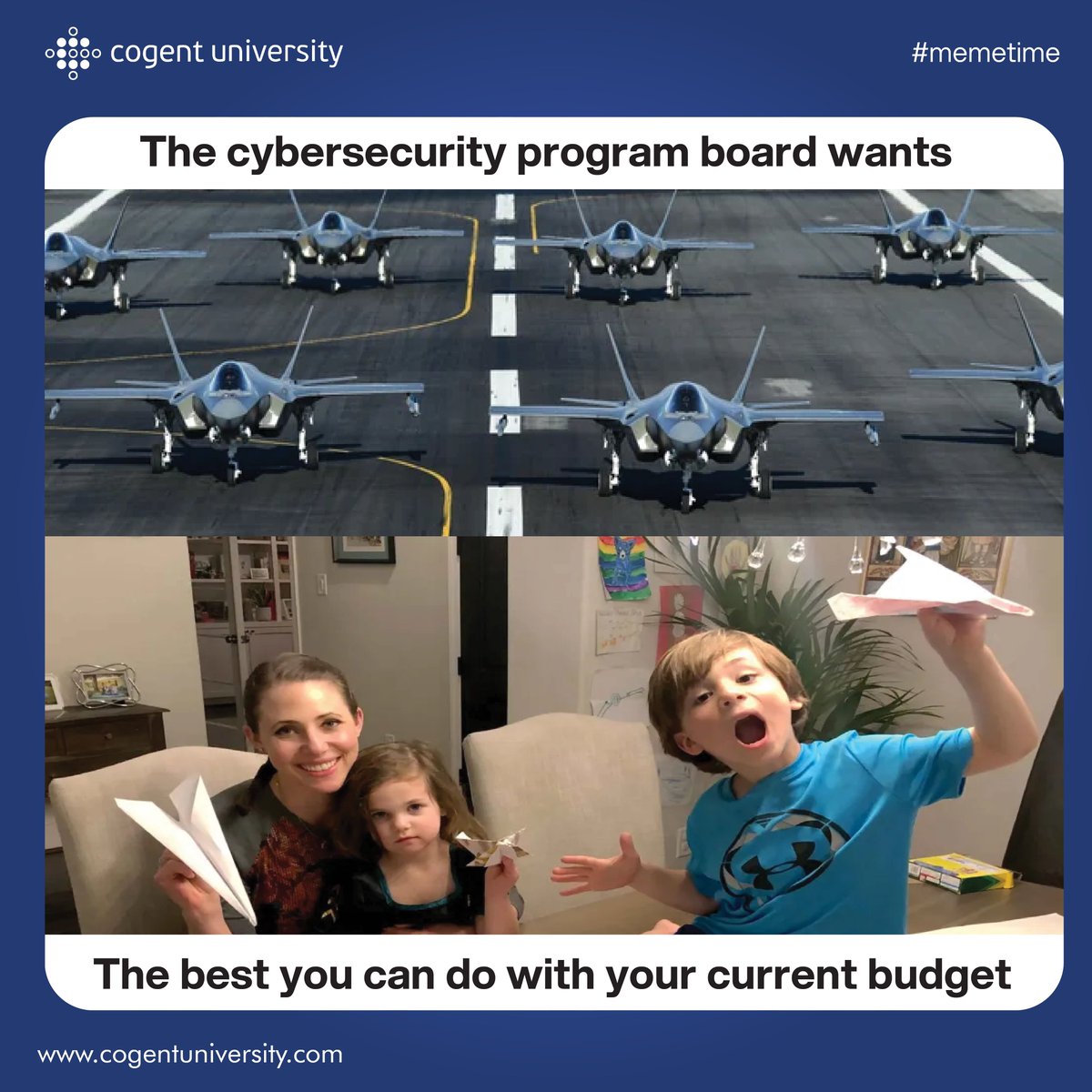Cogentuni's tweet image. Cybersecurity dreams take flight… but the budget only covers paper planes!
#newprogrammerstruggles #linkedinmemes #corporatememes #officememes #officejokes #memesdaily #work #workhumour