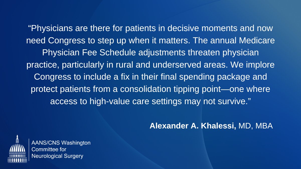 Neurosurgery (@neurosurgery) on Twitter photo #Neurosurgery urges lawmakers to take immediate action to protect patient access to care by halting the Medicare physician payment cuts. “Physicians are there for patients in decisive moments and now need Congress to step up when it matters,” states <a href="/DrAlexKhalessi/">Alexander Khalessi, MD, MBA</a>.
Read #Neurosurgery urges lawmakers to take immediate action to protect patient access to care by halting the Medicare physician payment cuts. “Physicians are there for patients in decisive moments and now need Congress to step up when it matters,” states <a href="/DrAlexKhalessi/">Alexander Khalessi, MD, MBA</a>.
Read