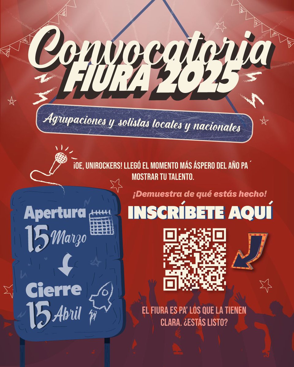 ¡Atención, bandas y solistas! 🚨 FIURA 2025 abre convocatoria del 15 de marzo al 15 de abril para artistas locales y nacionales. El enlace se habilita el 15 de marzo en nuestra BIO. ¡No te lo pierdas! 🎶🔥 #FIURA2025 #ConvocatoriaAbierta 
Más info en nuestras Redes <a href="/FiuraCali/">FIURA - Festival Internacional Unirock Alternativo</a> 🤘🏽