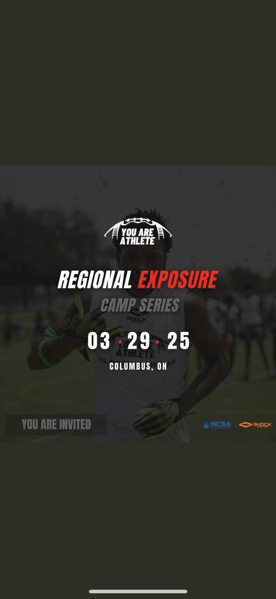 Thank you <a href="/youareathlete/">You Are Athlete</a> for the invite to the YAA Regional Exposure Camp. Can’t wait to come and compete with all of the other top prospects! <a href="/AllenTrieu/">Allen Trieu</a> <a href="/CoachRobBC/">Brandon Robinson</a> <a href="/CoachFred_36/">Scott Fredericks</a> <a href="/CoachKuntz/">Ben Kuntz</a> <a href="/CoachMcLendon12/">Jon Reed McLendon</a> <a href="/Busterwoo/">Woo</a> <a href="/KnockJordan/">Jordan Knock</a> <a href="/On3sports/">On3</a>  <a href="/PrepRedzoneOH/">Prep Redzone Ohio</a> <a href="/Rivals/">Rivals</a>