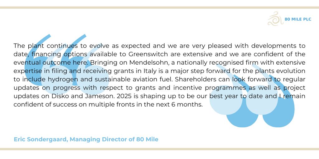 #80M recently announced a consultancy agreement between Hydrogen Valley’s subsidiary, Greenswitch, and Mendelsohn Development Agency, marking a key step in securing financing for biofuel and green hydrogen development in Italy. Read more ⤵️ londonstockexchange.com/news-article/8…