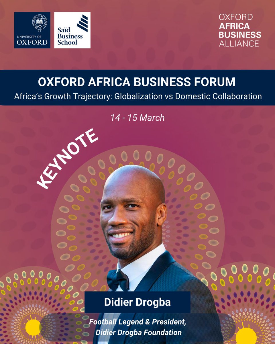 Announcing our #OxfordAfricaBusinessForum 2025 Speakers at @oxfordsbs 🌍Didier Drogba <a href="/didierdrogba/">Didier Drogba</a> , Football Legend &amp; President, Didier Drogba Foundation

Last tickets are available in the link in bio!