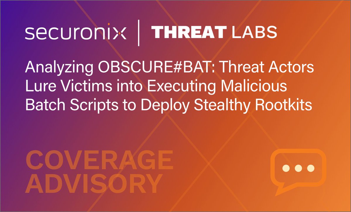 Securonix Threat Advisory: OBSCURE#BAT 

OBSCURE#BAT uses social engineering &amp; deceptive downloads to manipulate users into executing malicious code while evading detection. It hides files, hooks APIs &amp; deletes traces.

🔗 Read now: securonix.com/blog/analyzing…