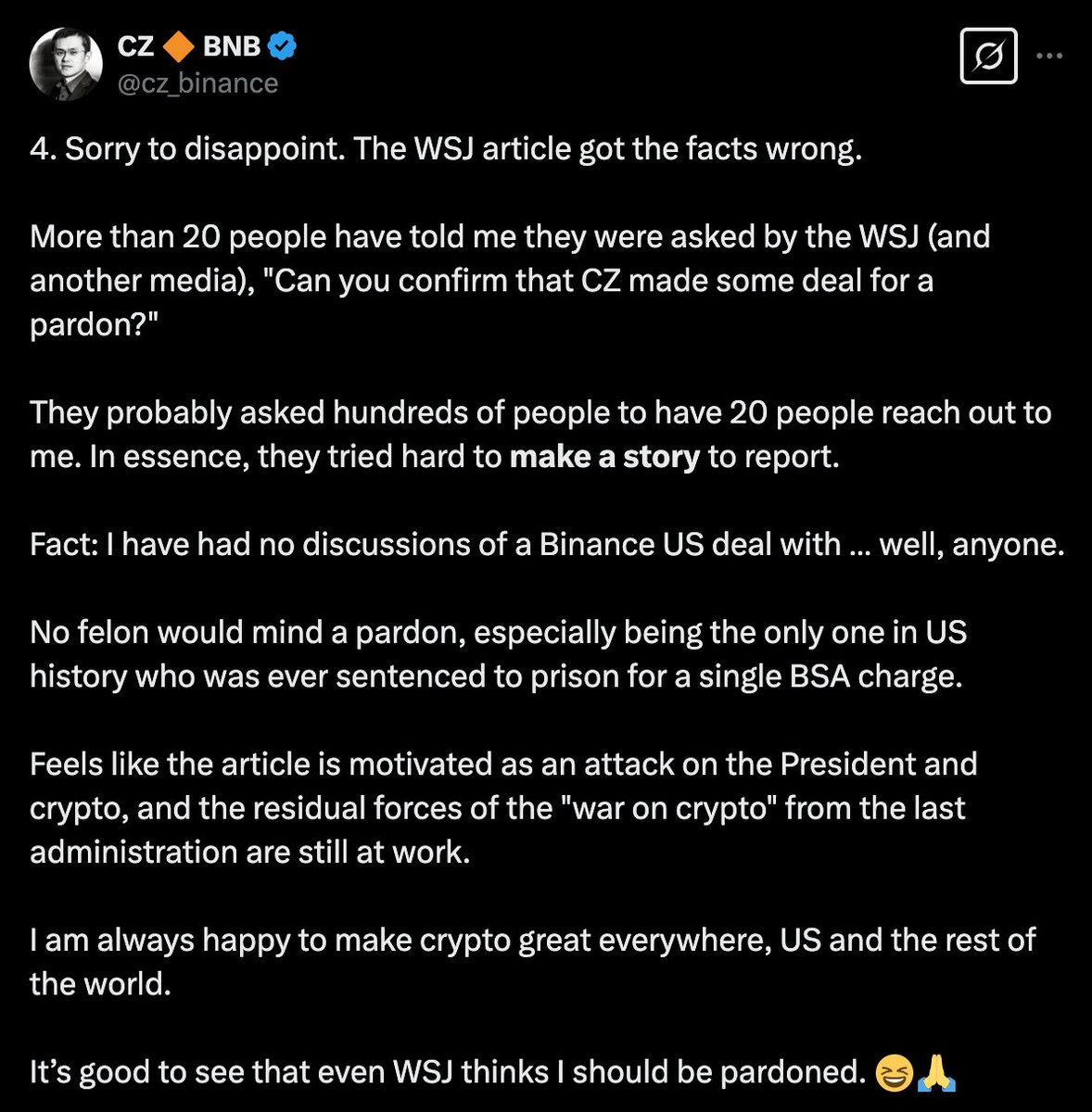 🟡"CZ di Binance smentisce accordi con Trump: 'Nessuna discussione in corso'"