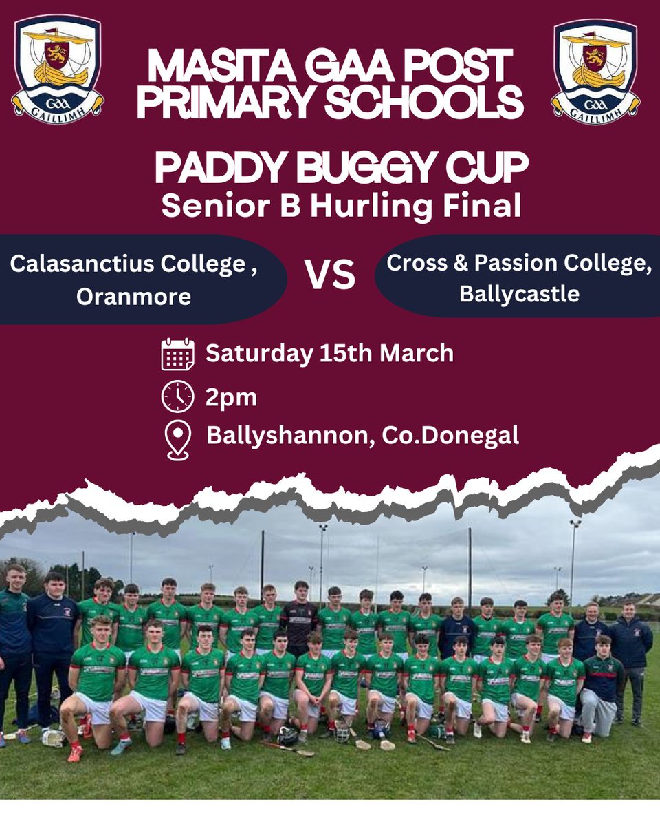 CoachingGalway's tweet photo. Best of luck to @CalaCollGalway who take on Cross &amp; Passion College in the Paddy Buggy Cup, All Ireland Senior 'B' Hurling Final on Saturday in Ballyshannon. https://t.co/3URflQoqGw