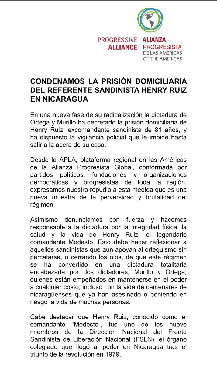 APLAProgresista's tweet image. NICARAGUA LIBRE 🇳🇮
Condenamos la prisión domiciliaria del referente sandinista Henry Ruiz y la radicalización del régimen de Ortega y Murillo que sigue socavando las garantías y derechos
Apoyamos a @unamosnica y las fuerzas democráticas en su lucha por una #NicaraguaLibre
