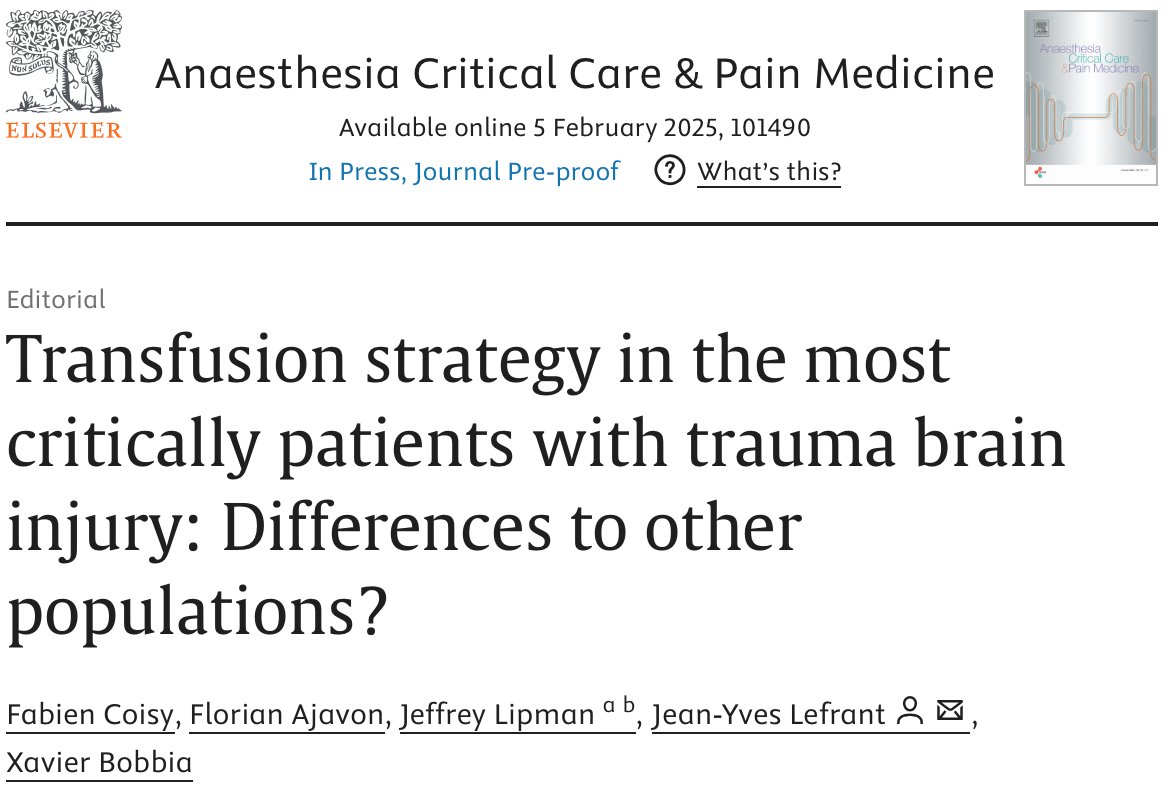 🩸 How should we approach transfusion strategies in critically injured TBI patients? 🧠 Findings from HEMOTION &amp; TRAIN trials suggest a shift toward a liberal approach. Read more in our editorial: bit.ly/4kN0OWA 
#TBI #CriticalCare #Transfusion