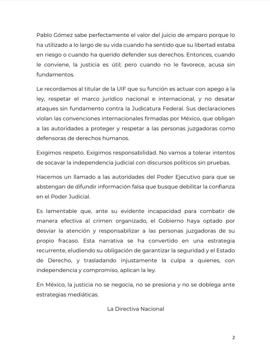 🟡#COMUNICADO Rechazamos, de manera categórica y enérgica, las recientes declaraciones del titular de la #UIF.

La justicia se defiende con la ley, con pruebas y con la verdad.