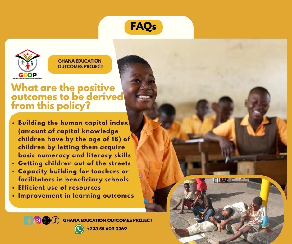 The Ghana Education Outcomes Project aims to enhance educational access and quality nationwide. For more information, please check our FAQs or reach out with any questions.

What are the positive outcomes to be derived from this policy?

#GEOP
#Education
#MoE