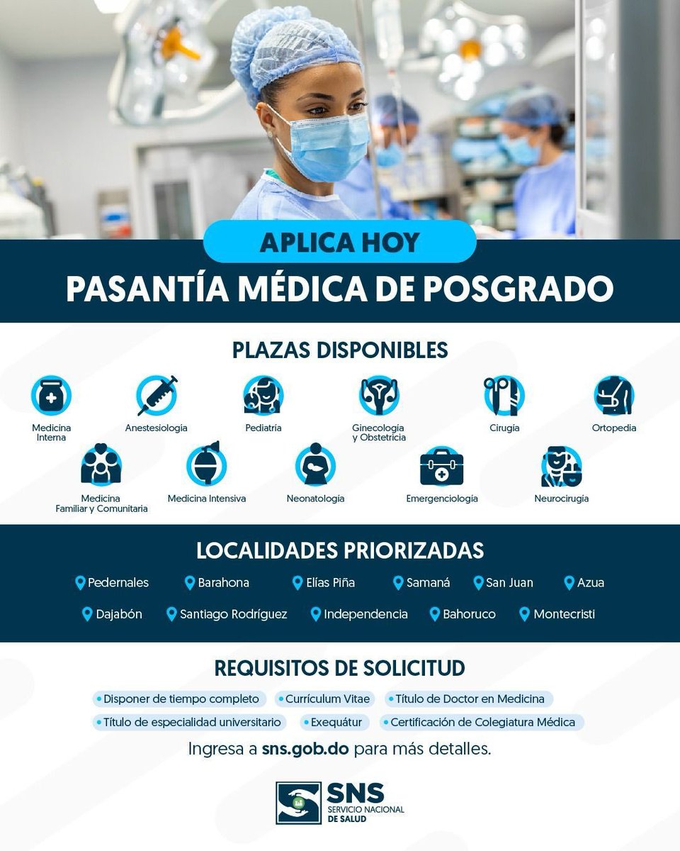 HHatodelyaque's tweet photo. 👉Aplica hoy para realizar tu Pasantía Médica de Posgrado.

💻Ingresa a https://t.co/cs39kPNI6g y completa el proceso de solicitud para acceder a unas de las plazas disponibles en diferentes especialidades médicas.

#PasantíasMédicasSNS https://t.co/uV6dE2qE7t