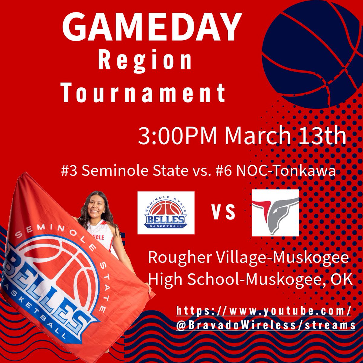 It’s GAMEDAY!! 🏀

Vs. NOC-Tonkawa

⏰ 3:00pm

📺 m.youtube.com/@BravadoWirele…

📍 Rougher Village Arena-Muskogee High School