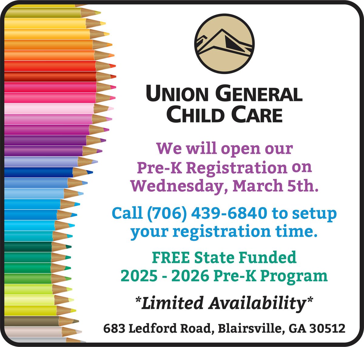 Our affiliated facility, Union General Child Care, is now accepting Pre-K registration. This is a FREE state funded program with limited availability.

*This program is open to all children that live in the state of GA. To qualify, the child must turn 4 years old by Sept 1, 2025.