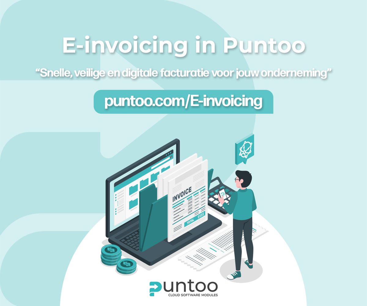 PUNTOO_erp's tweet photo. E-invoicing zonder gedoe met Peppol in Puntoo

 - Snellere factuurverwerking
 - Minder fouten
 - Wettelijk conform
 - Internationaal compatibel

👉 lees meer: https://t.co/FX3wtFfviZ

#EInvoicing #Peppol #Puntoo #Facturatie #DigitaalFactureren https://t.co/YTAF5xr021