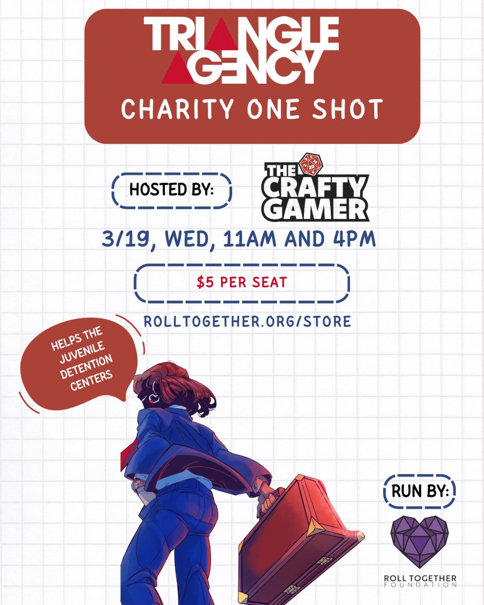 Roll Together Foundation (@rolltogetherfdn) on Twitter photo Wanna try out Triangle Agency by <a href="/hauntedtable/">Haunted Table Games 🔜 PAX Unplugged #4232</a> ? Come play on 3/19 and give to charity at the same time!
We’ll be at @craftygamershop at 11 and 4!
#triangleagency #thecraftygamer #ttrpg #tabletop #rpg #charity #thingstodoorlando Wanna try out Triangle Agency by <a href="/hauntedtable/">Haunted Table Games 🔜 PAX Unplugged #4232</a> ? Come play on 3/19 and give to charity at the same time!
We’ll be at @craftygamershop at 11 and 4!
#triangleagency #thecraftygamer #ttrpg #tabletop #rpg #charity #thingstodoorlando