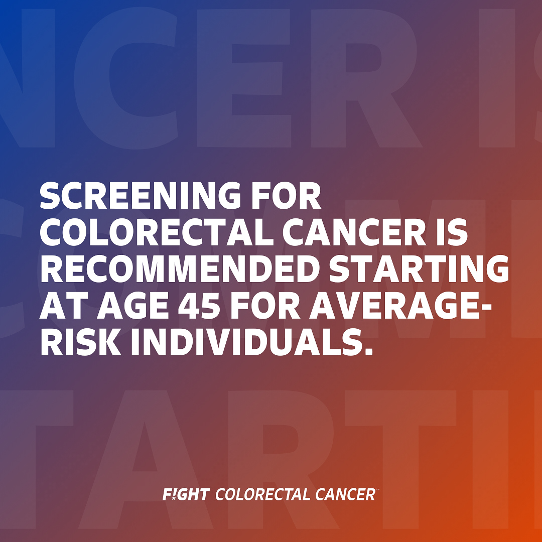 Screening saves lives. Start at 45.

#ColorectalCancer is rising in younger adults. That's why average-risk adults should start screening at 45. Don't wait! 

If you have a higher risk, like a family history or genetic syndrome, or signs and symptoms talk to your doctor about