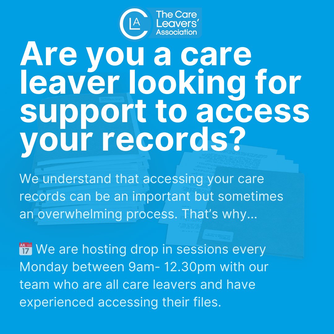 CareLeavers's tweet image. Are you a care leaver looking for support to access your records? We are hosting drop in sessions every Monday between 9am- 12.30pm. Book a call using this link careleavers.youcanbook.me and let us support you on this journey.

#CareLeavers #AccessToRecords #SupportMatters