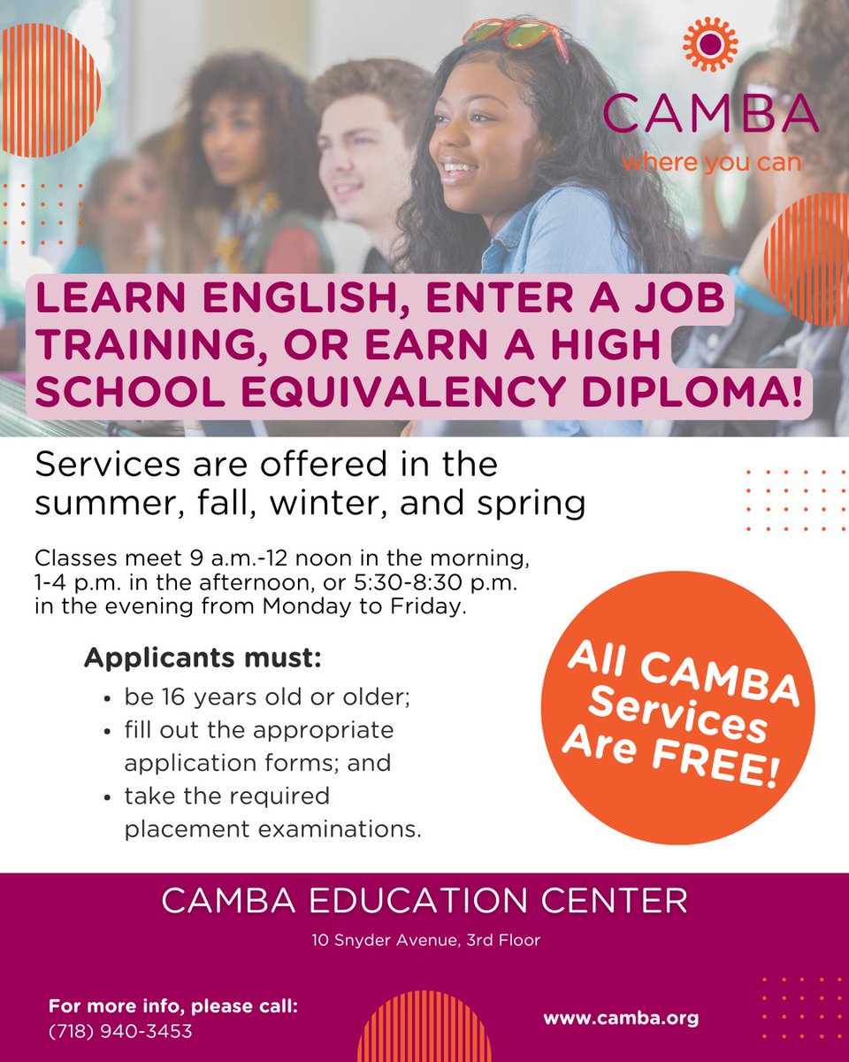CAMBAInc's tweet image. Unlock your future at the CAMBA Education Center! 🌟 Learn English, job training, or earn your HSED for FREE! Apply now! #CAMBA #Education #FreeClasses #LearnEnglish