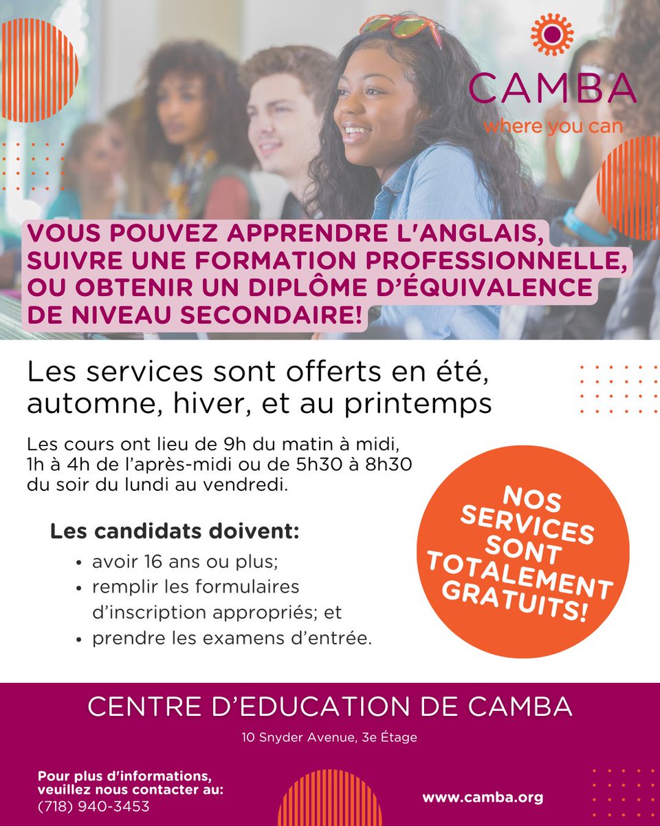CAMBAInc's tweet image. Unlock your future at the CAMBA Education Center! 🌟 Learn English, job training, or earn your HSED for FREE! Apply now! #CAMBA #Education #FreeClasses #LearnEnglish