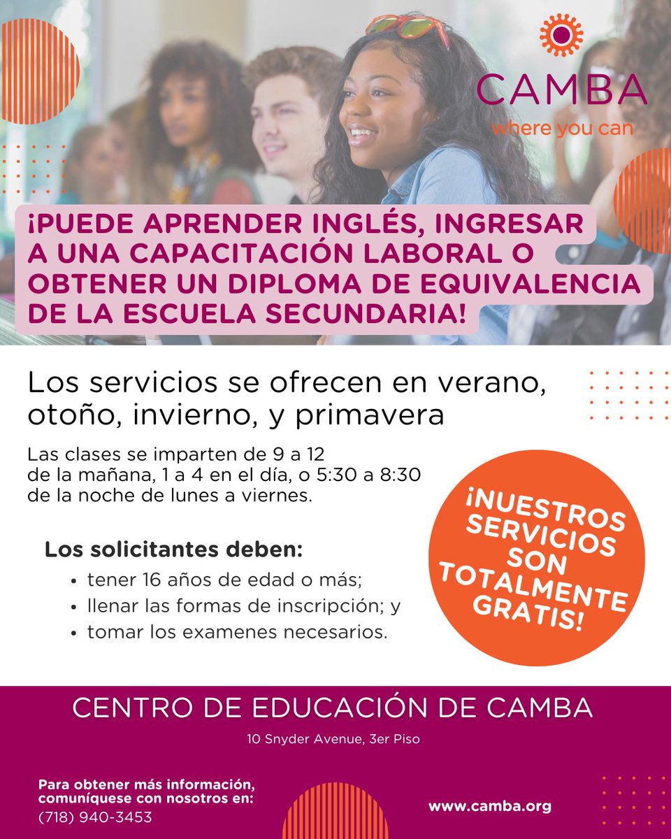 CAMBAInc's tweet image. Unlock your future at the CAMBA Education Center! 🌟 Learn English, job training, or earn your HSED for FREE! Apply now! #CAMBA #Education #FreeClasses #LearnEnglish