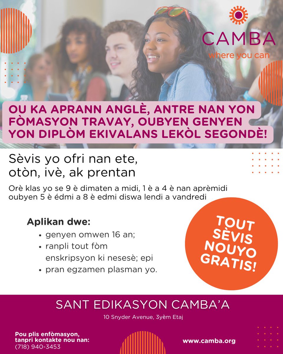 CAMBAInc's tweet image. Unlock your future at the CAMBA Education Center! 🌟 Learn English, job training, or earn your HSED for FREE! Apply now! #CAMBA #Education #FreeClasses #LearnEnglish