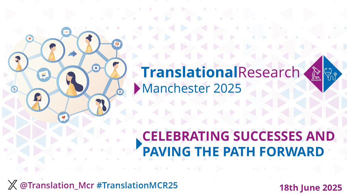 🎉 Join us for Translational Research at Manchester 2025! 🎉

📅 18 June 2025 | 📍 Nancy Rothwell Building, UoM
Celebrate 6 years of Translation Manchester &amp; the Wellcome TPA with talks, networking, posters &amp; prizes!

🔗 Register: lnkd.in/e5XBkY92

#TranslationMCR25 #UoM