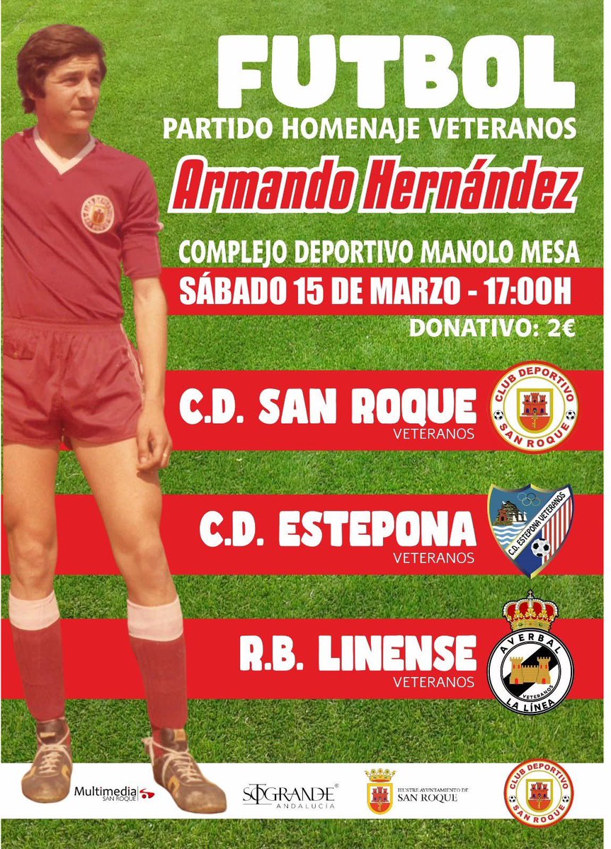 Recuerda que este sábado (que no va a llover) tenemos en el Manolo Mesa el homenaje a Armando Hernández. Un bonito triangular de veteranos entre el CD San Roque, CD Estepona y Balona. 
No te lo puedes perder!!!!!!