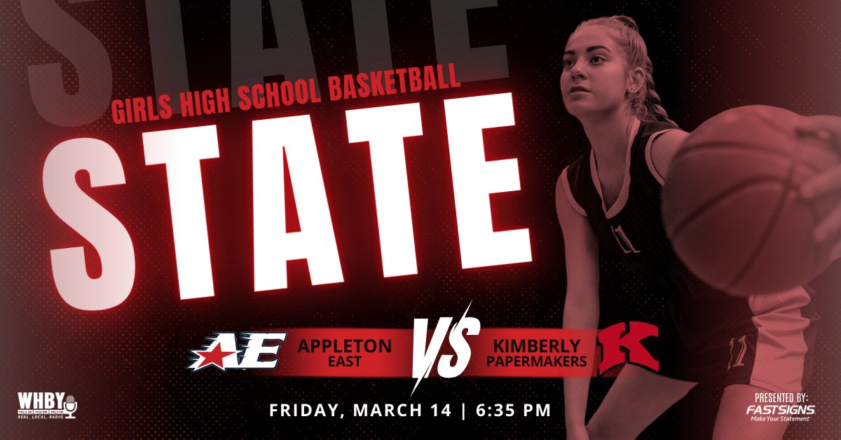 WHBY (@whby) on Twitter photo Our <a href="/FASTSIGNS/">FASTSIGNS®</a> HS Game of the Week returns with
<a href="/wiaawi/">WIAA</a> STATE Semifinal action in Girls Hoops!
It's #4 <a href="/appletoneastgbb/">Appleton East GBB</a> vs. #1 <a href="/GBBKimberly/">Kimberly Girls Basketball</a> from <a href="/reschcomplex/">Resch Complex</a>!
Coverage begins at 6:00pm.
<a href="/TonyGNation/">Tony G 🎙</a> & <a href="/dknapinski/">Dick Knapinski</a> on the call!
Listen: whby.com
#wisgbb Our <a href="/FASTSIGNS/">FASTSIGNS®</a> HS Game of the Week returns with
<a href="/wiaawi/">WIAA</a> STATE Semifinal action in Girls Hoops!
It's #4 <a href="/appletoneastgbb/">Appleton East GBB</a> vs. #1 <a href="/GBBKimberly/">Kimberly Girls Basketball</a> from <a href="/reschcomplex/">Resch Complex</a>!
Coverage begins at 6:00pm.
<a href="/TonyGNation/">Tony G 🎙</a> & <a href="/dknapinski/">Dick Knapinski</a> on the call!
Listen: whby.com
#wisgbb