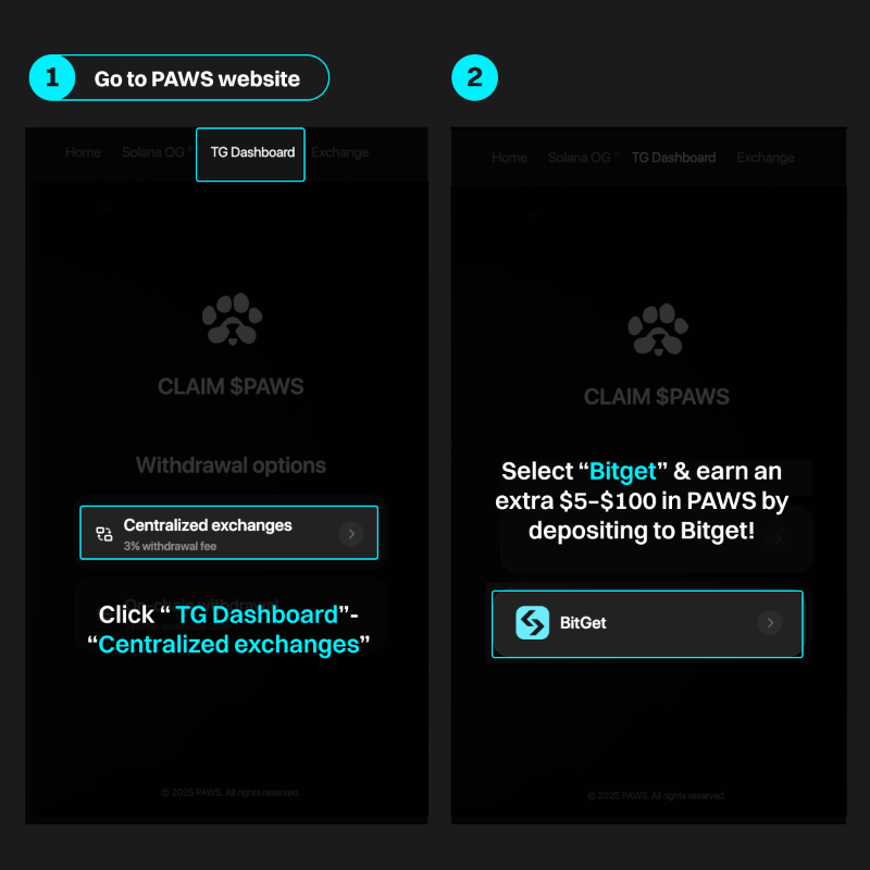 bitget's tweet photo. How to deposit $PAWS @GOTPAWSED to #Bitget and share $204,250 PAWS? 🐾

1️⃣ Go to the PAWS website: https://t.co/xjcOrKZiKG
2️⃣ Find details in Bitget app: see posters 
3️⃣ Enter your UID &amp; deposit address 

🆓 Earn an extra $5–$100 in $PAWS — FCFS! 

Join now!