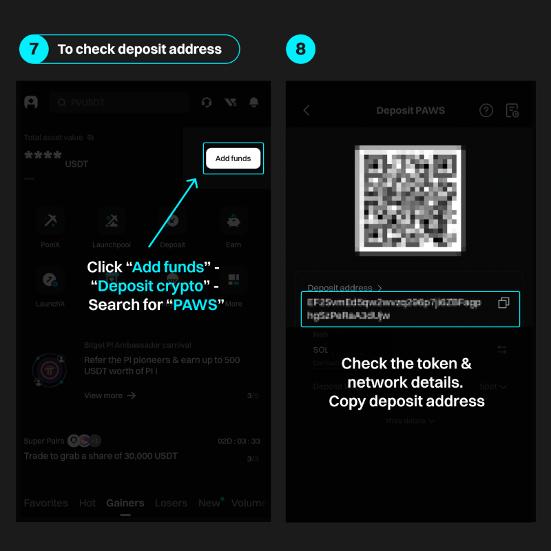 bitget's tweet photo. How to deposit $PAWS @GOTPAWSED to #Bitget and share $204,250 PAWS? 🐾

1️⃣ Go to the PAWS website: https://t.co/xjcOrKZiKG
2️⃣ Find details in Bitget app: see posters 
3️⃣ Enter your UID &amp; deposit address 

🆓 Earn an extra $5–$100 in $PAWS — FCFS! 

Join now!