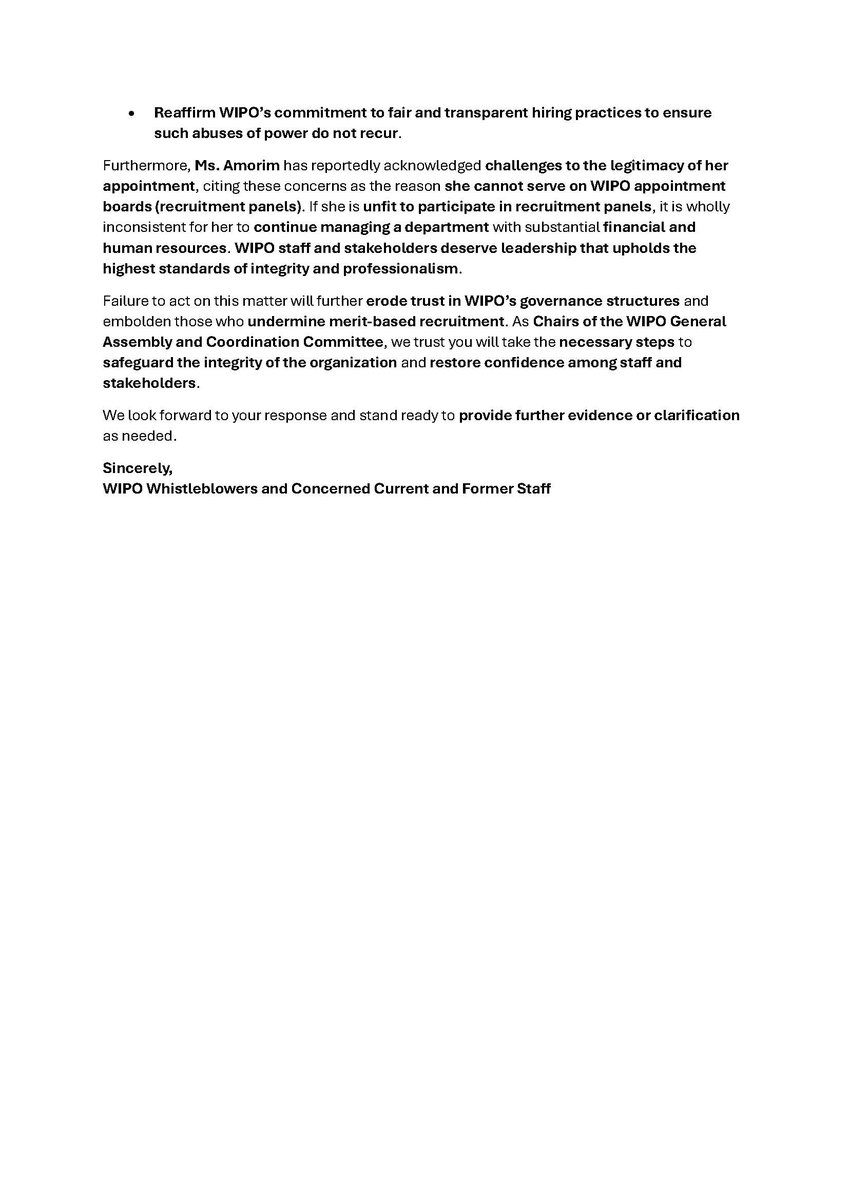 WIPO Whistleblowers (@wipowhistleblow) on Twitter photo BREAKING: <a href="/WIPO/">World Intellectual Property Organization (WIPO)</a> Chairs must act NOW! We call for the immediate suspension of Beatriz Amorim pending an independent investigation into her fraudulent recruitment as Senior Director.
Our letter to the WIPO Chairs lays out serious allegations of #Corruption & abuse of power 👇 BREAKING: <a href="/WIPO/">World Intellectual Property Organization (WIPO)</a> Chairs must act NOW! We call for the immediate suspension of Beatriz Amorim pending an independent investigation into her fraudulent recruitment as Senior Director.
Our letter to the WIPO Chairs lays out serious allegations of #Corruption & abuse of power 👇