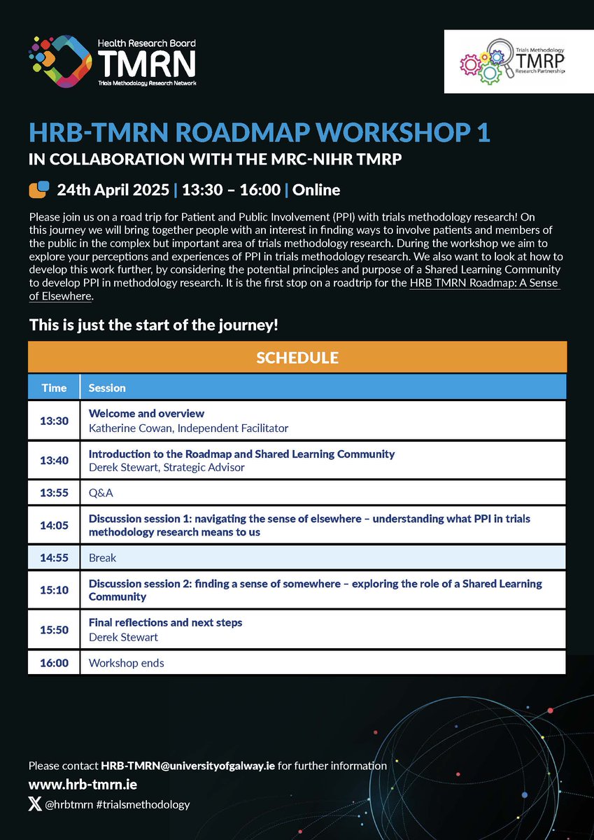HRB-TMRN (@hrbtmrn) on Twitter photo SAVE THE DATE! The HRB-TMRN, with <a href="/MRCNIHRTMRP/">MRC-NIHR Trials Methodology Research Partnership</a>, is delivering a "Roadmap Workshop: A road trip for PPI with Trials Methodology Research" with <a href="/DerekCStewart/">Derek Stewart</a> & <a href="/KC_facilitation/">Katherine Cowan</a>. Expressions of Interests will open very soon. Email us at hrb-tmrn@universityofgalway.ie for more info. SAVE THE DATE! The HRB-TMRN, with <a href="/MRCNIHRTMRP/">MRC-NIHR Trials Methodology Research Partnership</a>, is delivering a "Roadmap Workshop: A road trip for PPI with Trials Methodology Research" with <a href="/DerekCStewart/">Derek Stewart</a> & <a href="/KC_facilitation/">Katherine Cowan</a>. Expressions of Interests will open very soon. Email us at hrb-tmrn@universityofgalway.ie for more info.