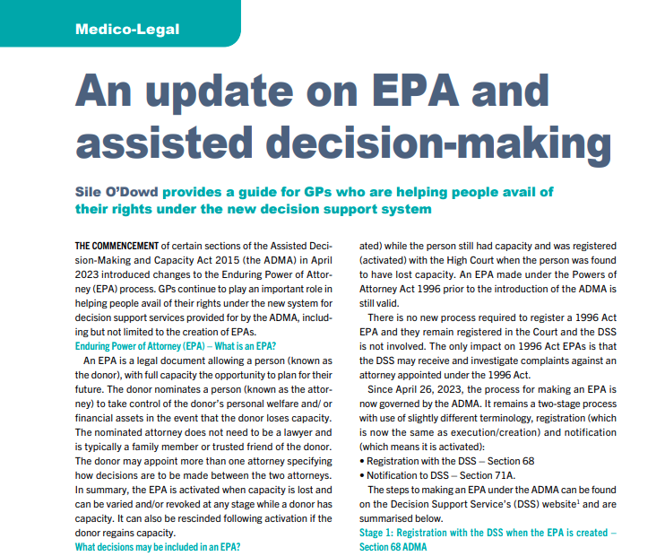 MedisecIreland (@medisecireland) on Twitter photo GPs - have you seen our recent article in <a href="/ICGPnews/">Irish College of GPs</a> Forum Magazine on EPAs and assisted decision-making?
Written by legal counsel, <a href="/SileODowd/">Sile O'Dowd</a>
Available here:
medisec.ie/wp-content/upl…
#welookafteryou GPs - have you seen our recent article in <a href="/ICGPnews/">Irish College of GPs</a> Forum Magazine on EPAs and assisted decision-making?
Written by legal counsel, <a href="/SileODowd/">Sile O'Dowd</a>
Available here:
medisec.ie/wp-content/upl…
#welookafteryou