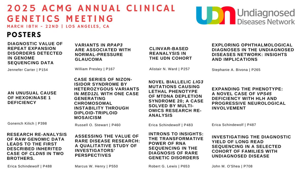 UDNconnect's tweet image. ‼️Attention‼️
Check out the platform presentations and posters by UDN investigators at next week's 2025 ACMG Annual Clinical Genetics Meeting!