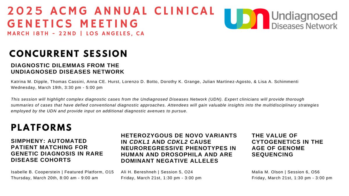 UDNconnect's tweet image. ‼️Attention‼️
Check out the platform presentations and posters by UDN investigators at next week's 2025 ACMG Annual Clinical Genetics Meeting!