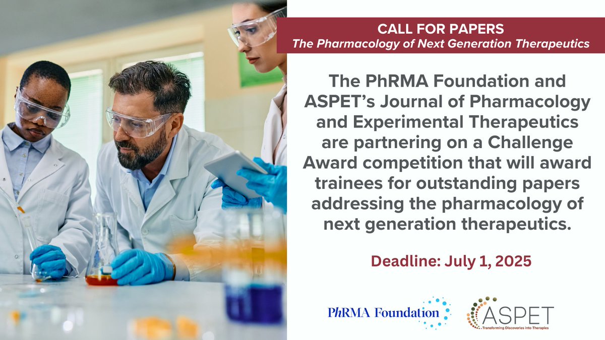 JPET (ASPET) (@jpet_journal) on Twitter photo ASPET’s <a href="/JPET_Journal/">JPET (ASPET)</a> and @PhRMAFoundation are partnering on a Challenge Award competition—a prize of $5,000—to the first author of up to five winning papers! Submit your papers on the #pharmacology of next gen therapeutics by July 1, 2025.
🔗Learn more: phrmafoundation.org/grants-fellows… ASPET’s <a href="/JPET_Journal/">JPET (ASPET)</a> and @PhRMAFoundation are partnering on a Challenge Award competition—a prize of $5,000—to the first author of up to five winning papers! Submit your papers on the #pharmacology of next gen therapeutics by July 1, 2025.
🔗Learn more: phrmafoundation.org/grants-fellows…