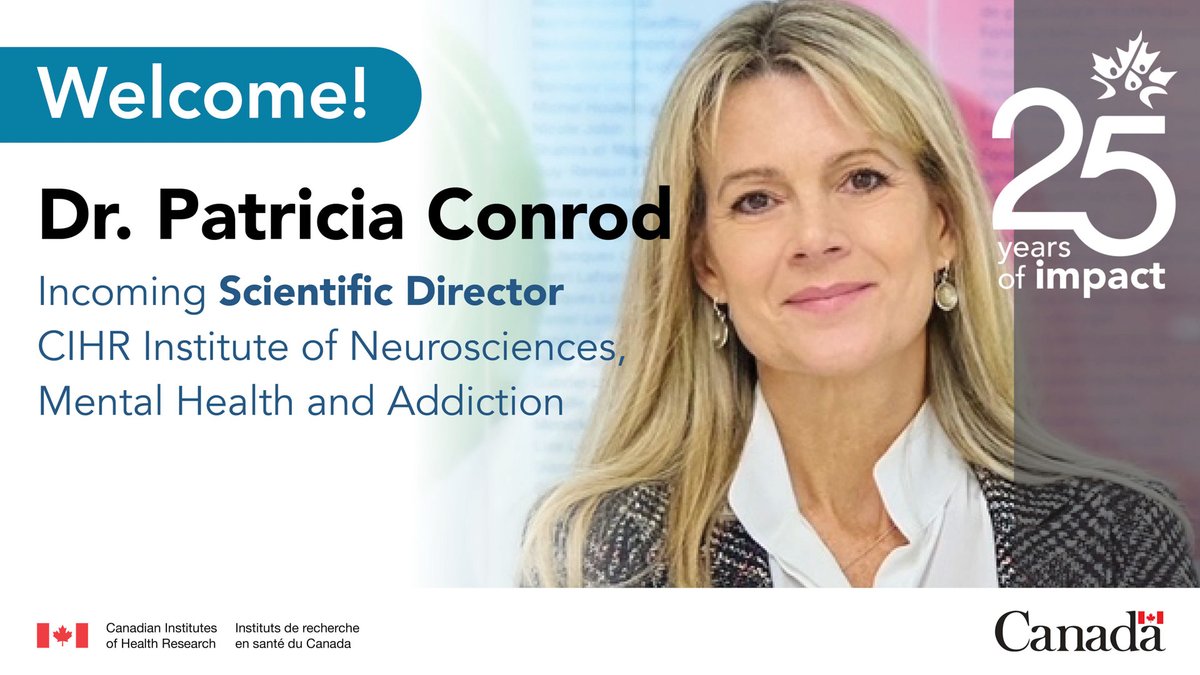 CIHR (@cihr_irsc) on Twitter photo We are pleased to announce that Dr. Patricia Conrod <a href="/UMontreal/">Université de Montréal</a> <a href="/CR_CHUSJ/">Centre de recherche Azrieli du CHU Sainte-Justine</a> has been appointed the new Scientific Director of the CIHR Institute of Neurosciences, Mental Health and Addiction (INMHA).
canada.ca/en/institutes-… We are pleased to announce that Dr. Patricia Conrod <a href="/UMontreal/">Université de Montréal</a> <a href="/CR_CHUSJ/">Centre de recherche Azrieli du CHU Sainte-Justine</a> has been appointed the new Scientific Director of the CIHR Institute of Neurosciences, Mental Health and Addiction (INMHA).
canada.ca/en/institutes-…
