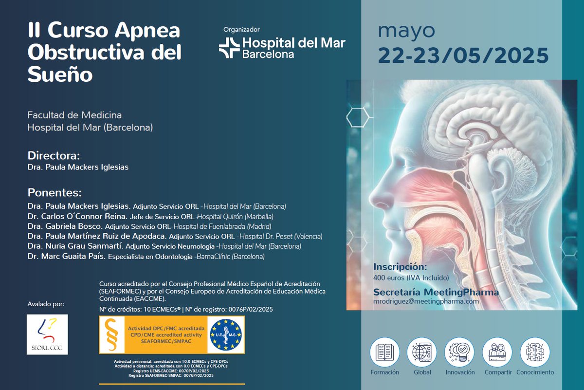 II Curs Apnea Obstructiva del Son

Curs teòric i pràctic sobre els principals reptes a l’abordatge de l’#apnea obstructiva del son

🗓️ 22/23 maig
📌 Campus Hospital del Mar

#otorrinolaringologia #pneumologia <a href="/MackersPaula/">Paula Mackers</a> <a href="/GrauNria/">Núria Grau</a> <a href="/DrJacintoGarcia/">Jacinto Garcia Lorenzo</a> 

hospitaldelmar.cat/ca/agenda/view…