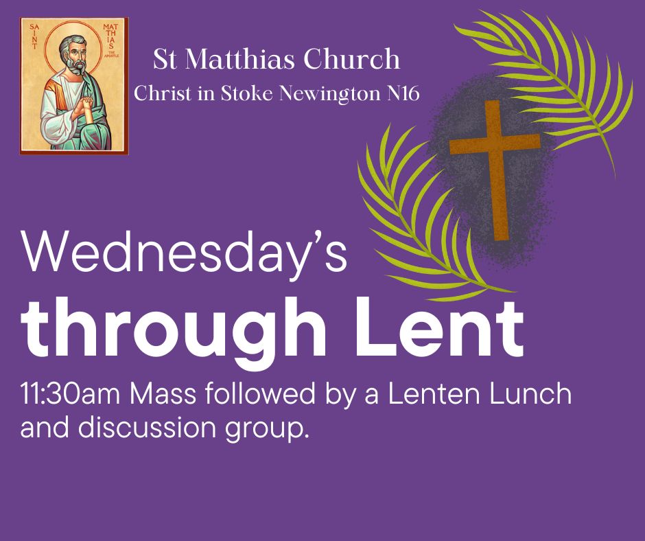 Join us every Wednesday at 11:30 AM for Mass.

Afterwards, enjoy a Lenten Lunch, fostering community and fellowship. Participate in a discussion group to explore faith topics and deepen your understanding of Lent.