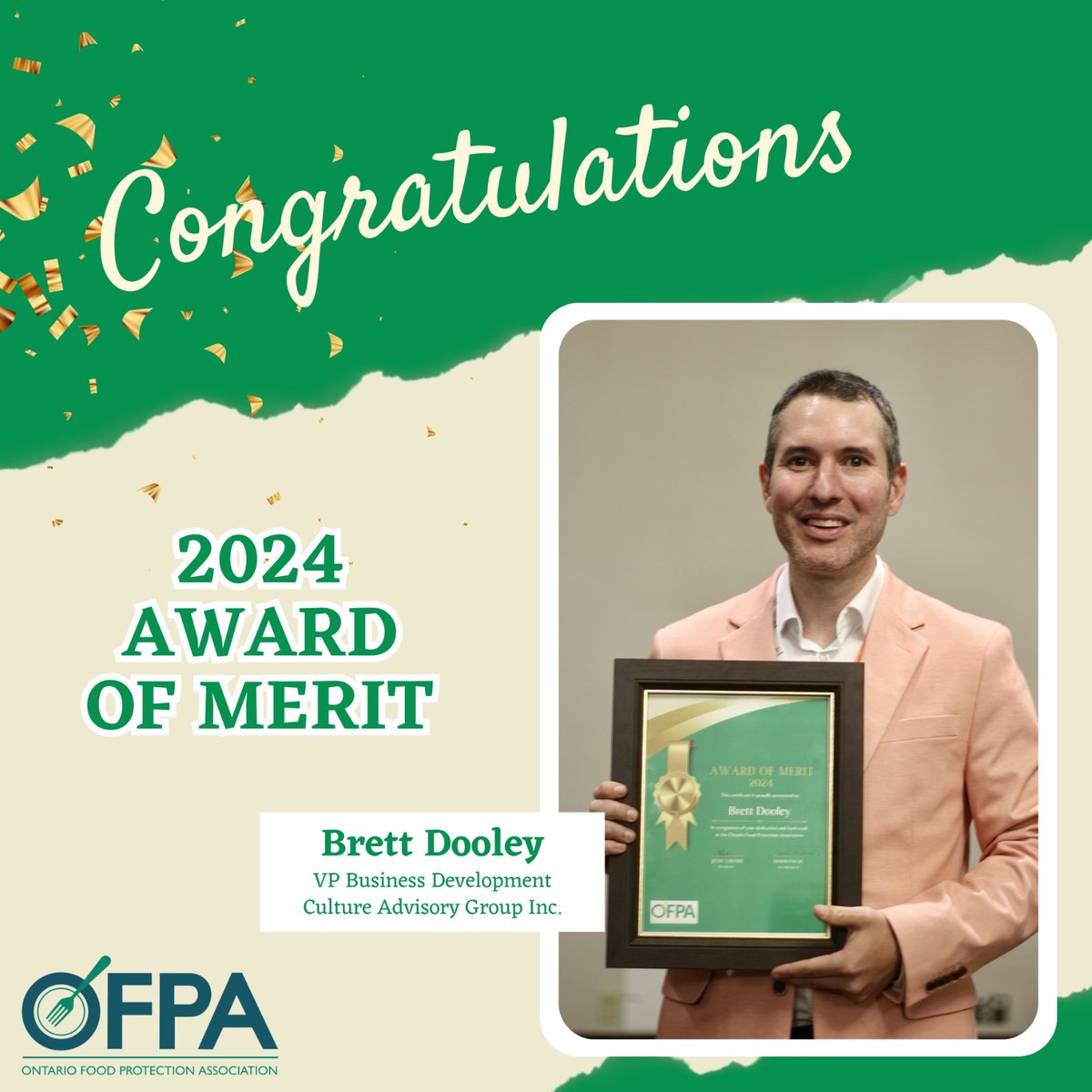 ofpamedia's tweet photo. The Ontario Food Protection Association is proud to honor Brett Dooley as the recipient of the 2024 Award of Merit! His dedication to the OFPA board has been invaluable. Congratulations, Brett! Your hard work and commitment are truly inspiring! https://t.co/1jhNuVHrN1