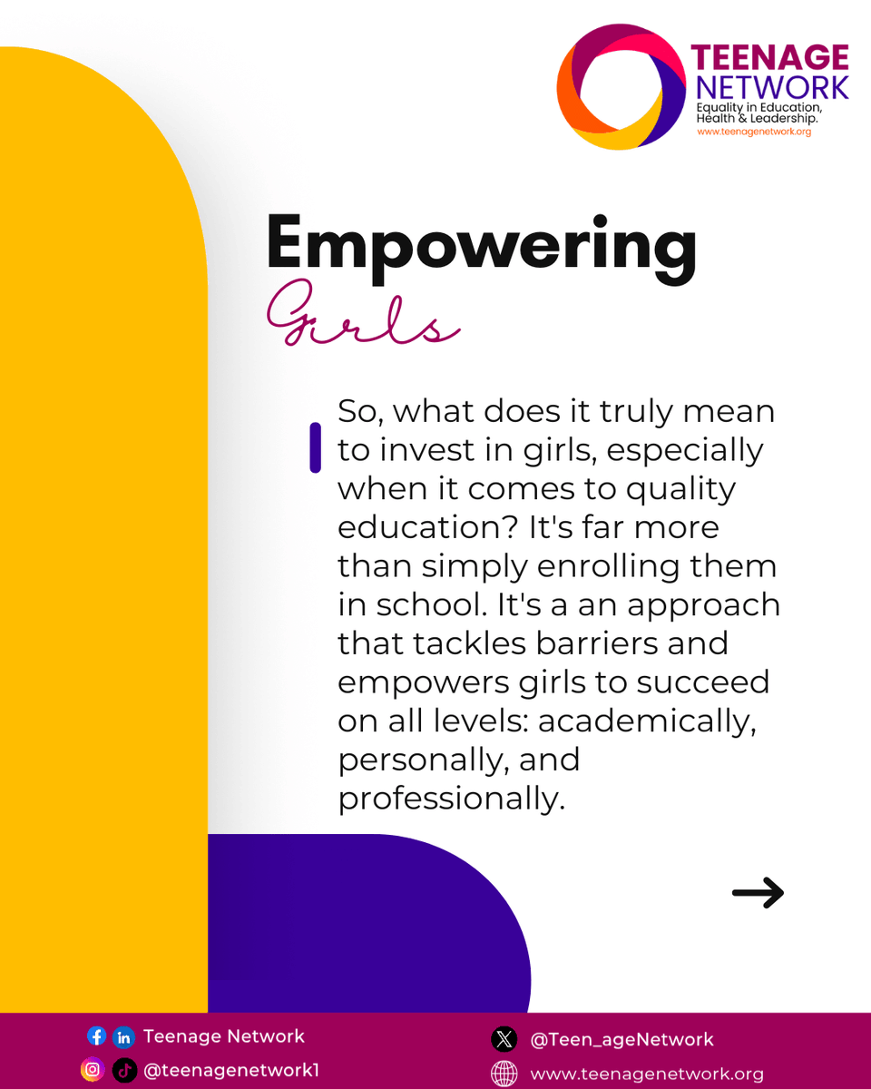 Teen_ageNetwork's tweet photo. Investing in girls' education is not just a choice; it’s a necessity. Educated girls transform their communities, break the cycle of poverty, and drive economic growth. 

#TeenageNetwork
#GirlsEducation
#GenderTransformativeEducation
#TheWorldWeWant
#ForAllWomenandGirls
#CSW69 https://t.co/8Q5CqI0R6u