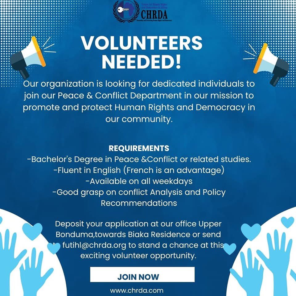 A Call for Volunteers!
We are looking for volunteers in our Peace and Conflict Department so we can expand our work towards the protection and promotion of Human Rights and Democracy in Africa. 
✅Do you have a degree in Peace and Conflict or related studies?

✅Do you have a