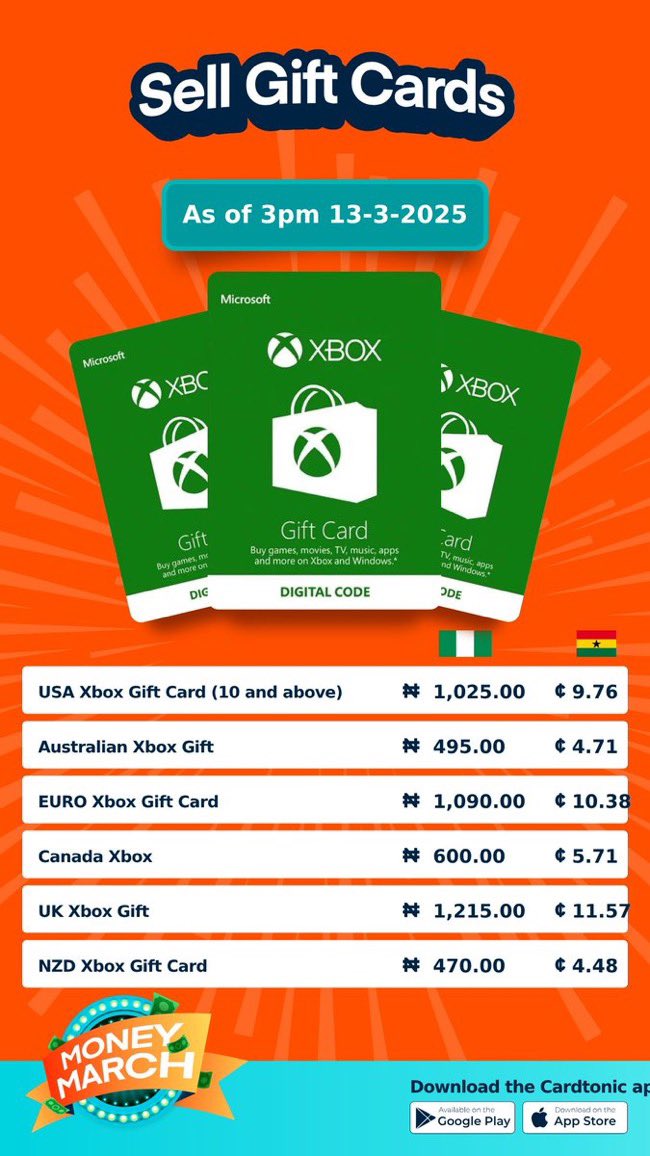 TheSilvapr's tweet image. If no be my father figure wey dey abroad wey send me gift cards and @cardtonic wey dey gimme best rate to take dey trade am, how i for dey survive? 😂

Just traded UK Xbox gift card for N1,215/$ on cardtonic 🫱🏽‍🫲🏻💯 #MoneyMarch #UseCardtonic