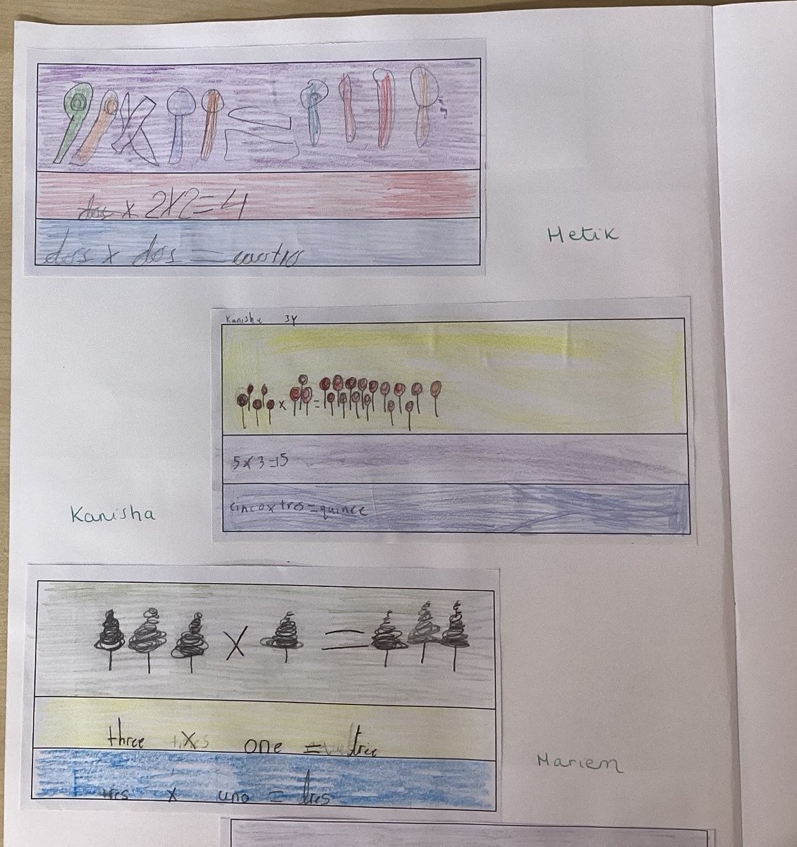 LyonParkPrimary's tweet image. In Spanish, 3Y students reviewed numbers 1-10 🔢. They created multiplication sentences using carnival treats 🍭, writing the sentences in Spanish and numbers! 🎉 #SpanishLearning #MultiplicationFun #CarnivalMath #LearningIsFun