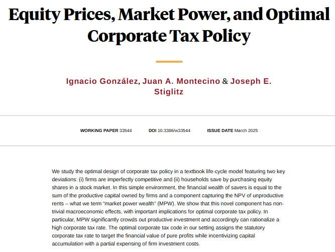 🚨New Research! 
Our co-chair <a href="/JosephEStiglitz/">Joseph E. Stiglitz</a> with <a href="/jamontecino/">Juan Antonio Montecino</a> &amp;
<a href="/Nacho2G/">Nacho González</a> explore the optimal design of corporate tax policy in a new <a href="/nberpubs/">NBER</a> paper
🔹Market Power Wealth crowds out productive investment, this justifies higher corporate tax rates for a more efficient economy.