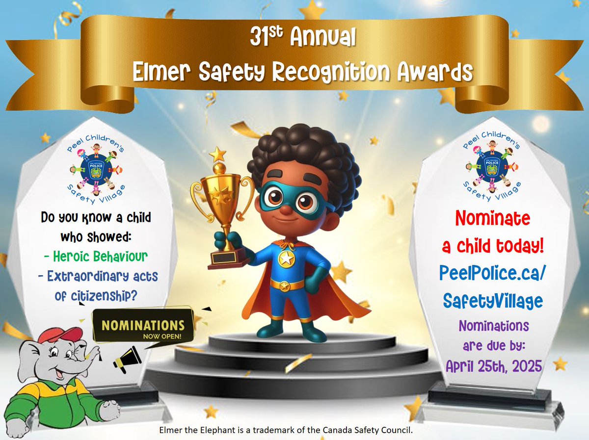 Peel Children’s Safety Village (@prpvillage) on Twitter photo Do you know an AWESOME child who:
🍁lives in <a href="/regionofpeel/">Peel Region</a>
🏫is in JK-Gr.8
🌍consistently tries to make the world a better place?
Nominate them for an Elmer Safety Award @ bit.ly/2IbmJph so we can honour & recognize them! 🏆 <a href="/PeelPolice/">Peel Regional Police</a> Do you know an AWESOME child who:
🍁lives in <a href="/regionofpeel/">Peel Region</a>
🏫is in JK-Gr.8
🌍consistently tries to make the world a better place?
Nominate them for an Elmer Safety Award @ bit.ly/2IbmJph so we can honour & recognize them! 🏆 <a href="/PeelPolice/">Peel Regional Police</a>
