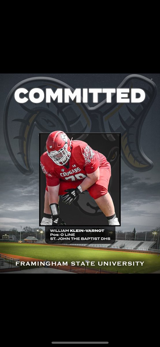 William Klein-Varnot (@bigcountry_51) on Twitter photo Today I am proud to announce my commitment to continue my athletic and academic career at <a href="/fsuramsfootball/">Framingham State University Football</a>! I am beyond excited and ready to start this new chapter!
First, I want to send a big shout out to my whole family for believing in me, I strive to always work hard and Today I am proud to announce my commitment to continue my athletic and academic career at <a href="/fsuramsfootball/">Framingham State University Football</a>! I am beyond excited and ready to start this new chapter!
First, I want to send a big shout out to my whole family for believing in me, I strive to always work hard and