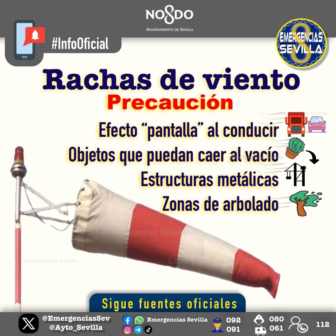 🟠Recomendaciones de seguridad en caso de rachas de viento.
#BorrascaKonrad
✅ Extrema las precauciones al conducir, sobre todo al adelantar a camiones por el "efecto pantalla"
✅Recoge los toldos y cualquier objeto que pueda caer al vacío.
✅Mucha precaución en zonas de arbolado