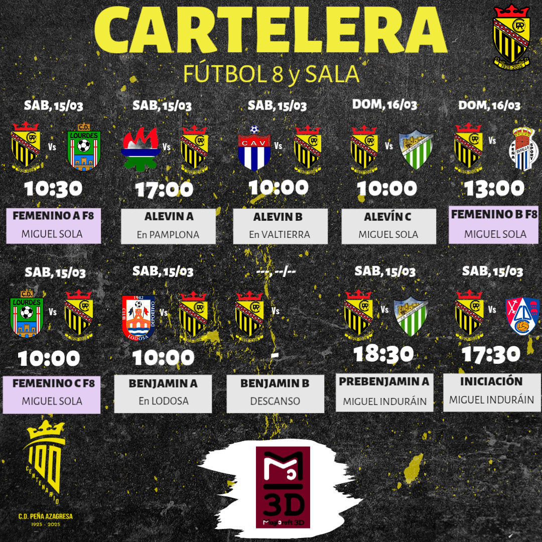 #CARTELERA. Aquí os dejamos los señalamientos de nuestros equipos para este fin de semana ofrecidos por @magicraft3d

Aúpa Peña!!

#100añosdehistoriaconstruyamoselfuturo