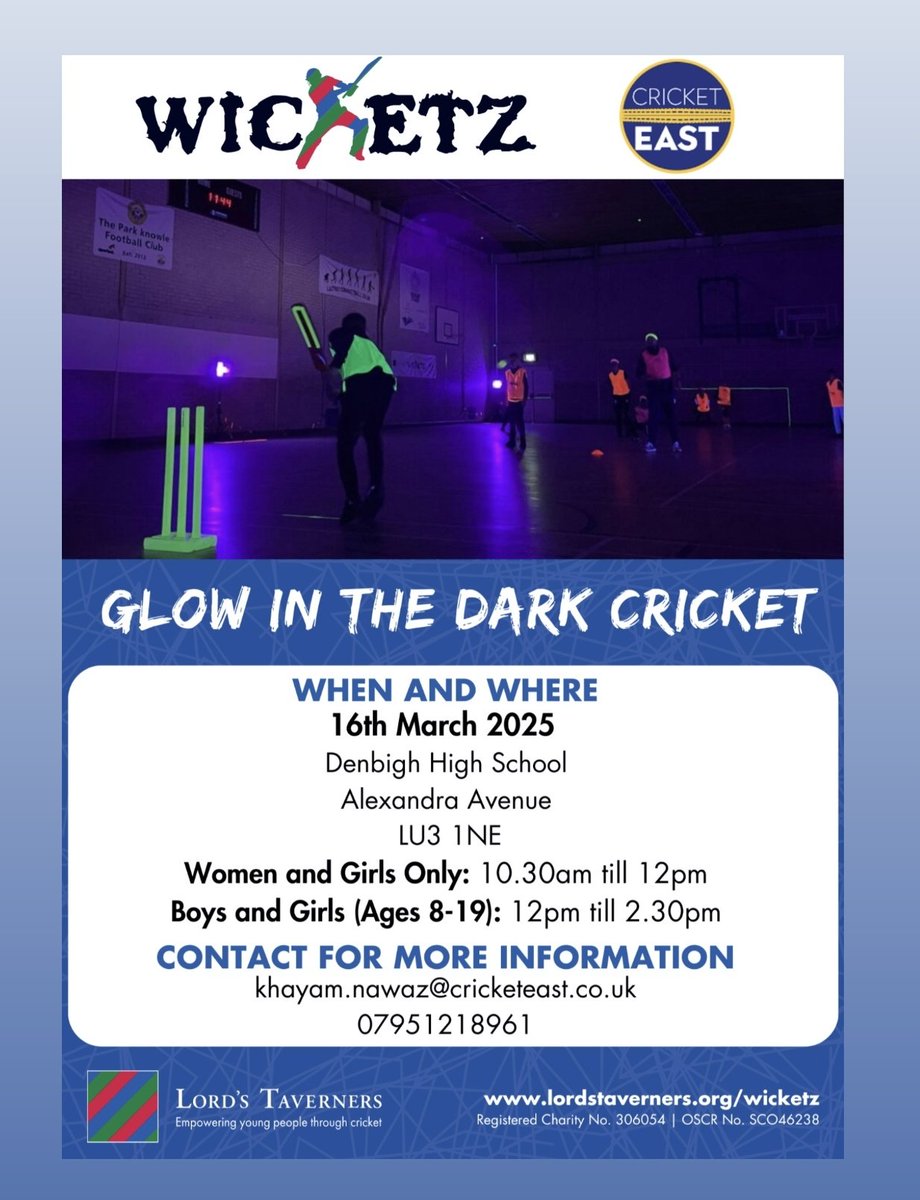 Wicketz Luton (@wicketzluton) on Twitter photo 🌟 GLOW IN THE DARK WICKETZ🌟 at <a href="/WicketzLuton/">Wicketz Luton</a> on the 16th March at <a href="/DenbighHigh/">Denbigh High School</a>. Contact for more information.
<a href="/bedscohesion/">BedsPolice Cohesion</a> <a href="/ChallneyBoys/">Challney Boys</a> <a href="/Cricket_East/">Cricket East</a> <a href="/LordsTaverners/">Lord's Taverners</a> <a href="/LutonFoodbank/">Luton Foodbank</a> <a href="/LutonianCC/">Lutonian CC</a> <a href="/LutonRising/">Luton Rising</a> <a href="/LutonSixthForm/">Luton Sixth Form College</a> <a href="/mdcurtin/">Mark Curtin</a> <a href="/NaumanJavaid8/">Nauman Javaid</a> <a href="/SalmaLFB/">Salma Khan</a> 🌟 GLOW IN THE DARK WICKETZ🌟 at <a href="/WicketzLuton/">Wicketz Luton</a> on the 16th March at <a href="/DenbighHigh/">Denbigh High School</a>. Contact for more information.
<a href="/bedscohesion/">BedsPolice Cohesion</a> <a href="/ChallneyBoys/">Challney Boys</a> <a href="/Cricket_East/">Cricket East</a> <a href="/LordsTaverners/">Lord's Taverners</a> <a href="/LutonFoodbank/">Luton Foodbank</a> <a href="/LutonianCC/">Lutonian CC</a> <a href="/LutonRising/">Luton Rising</a> <a href="/LutonSixthForm/">Luton Sixth Form College</a> <a href="/mdcurtin/">Mark Curtin</a> <a href="/NaumanJavaid8/">Nauman Javaid</a> <a href="/SalmaLFB/">Salma Khan</a>